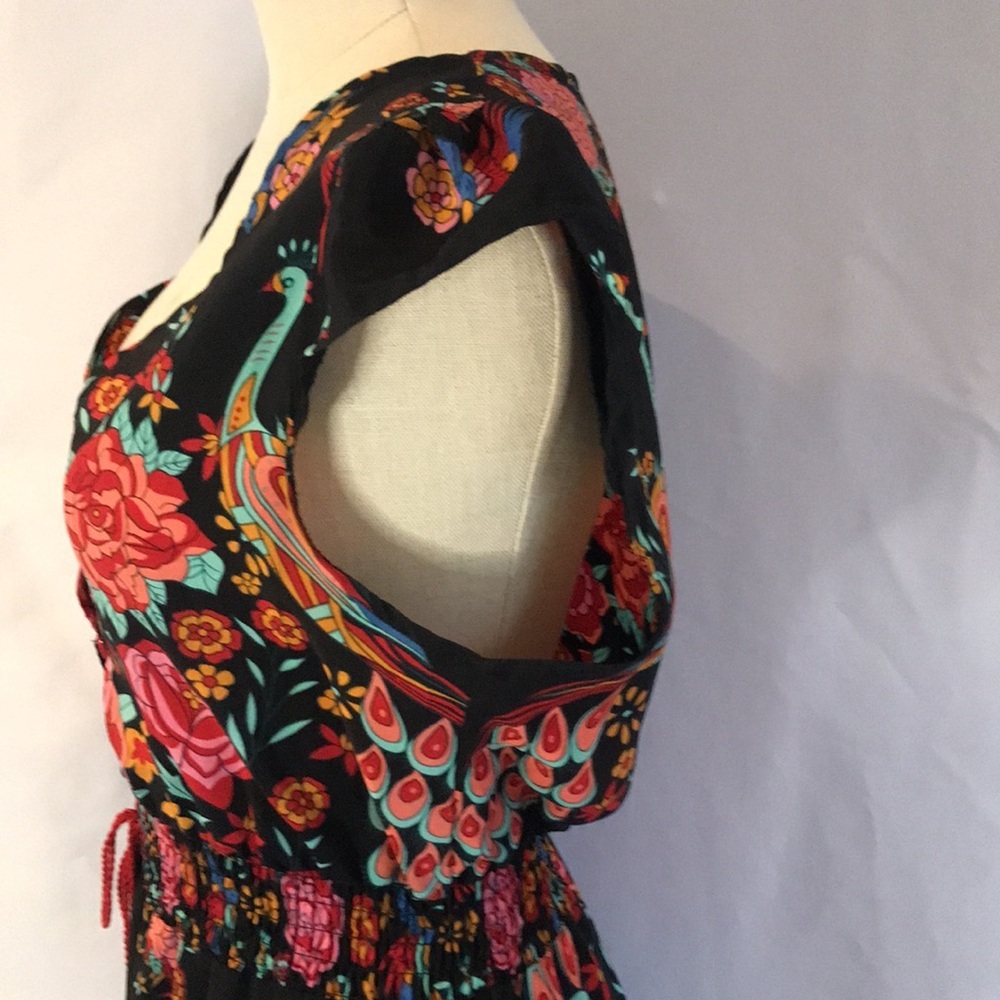 Black floral peacock colorful print short sleeves hi-low maxi dress boho gypsy M - Picture 9 of 16